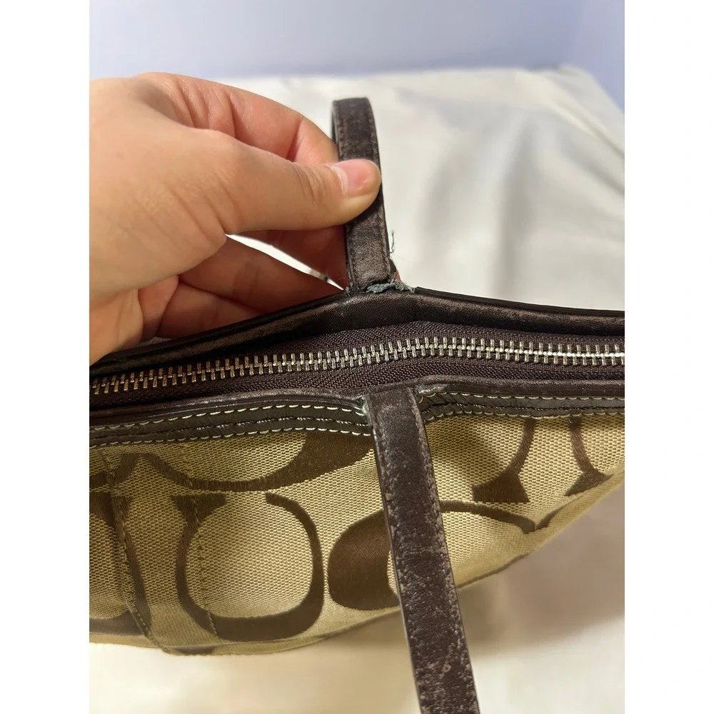 Coach Signature Canvas Tote Brown Tan Leather Trim Shoulder Bag - Picture 7 of 12